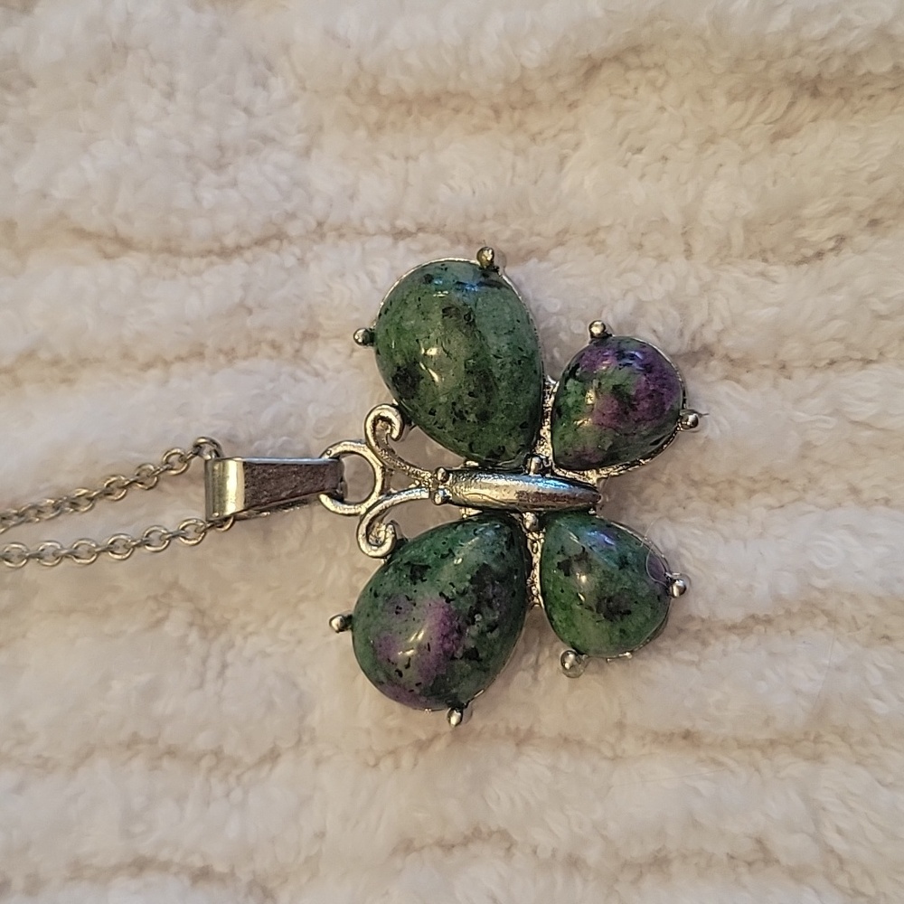Red Green Jasper Butterfly Gemstone Crystal Necklace